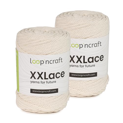 Makramee Garn 2er-Set Perlweiß, Loopncraft, 2 X 4mm - 65m - 250g, Kettengarn, XXLace Garn, Recycling Garn von Loopncraft