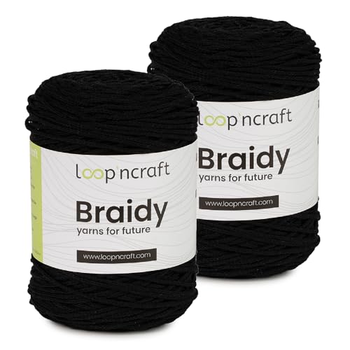 Makramee Garn 2er-Set Schwarz, Loopncraft, 2 X 2mm - 250m - 250g, Kettengarn, Braidy Garn, Recycling Garn von Loopncraft