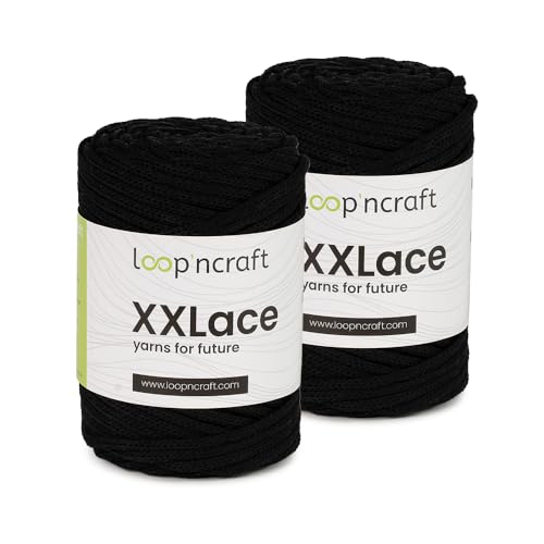 Makramee Garn 2er-Set Schwarz, Loopncraft, 2 X 4mm - 65m - 250g, Kettengarn, XXLace Garn, Recycling Garn von Loopncraft