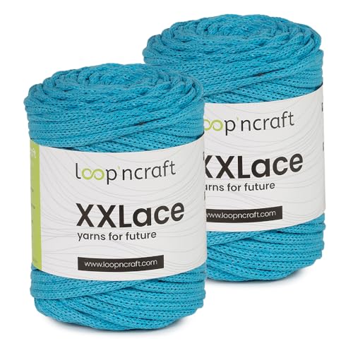 Makramee Garn 2er-Set Türkis, Loopncraft, 2 X 4mm - 65m - 250g, Kettengarn, XXLace Garn, Recycling Garn von Loopncraft