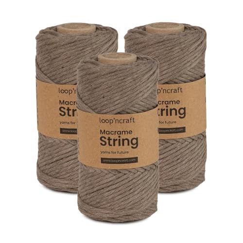 Makramee Garn 3er-Set Dunkel Beige, Loopncraft, 3mm - 240m, Einstrangig Natur Baumwollkordel, Recycling Garn von Loopncraft