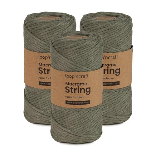 Makramee Garn 3er-Set Khaki-Farbe, Loopncraft, 3mm - 240m, Einstrangig Natur Baumwollkordel, Recycling Garn von Loopncraft