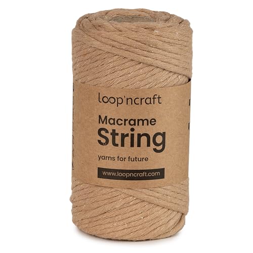 Makramee Garn Beige Farbe, Loopncraft, 4mm - 74m, Einstrangig Natur Baumwollkordel, Recycling Garn von Loopncraft