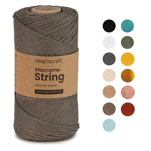 Makramee Garn Dunkel Beige, Loopncraft, 2mm - 150m, Einstrangig Natur Baumwollkordel, Recycling Garn von Loopncraft