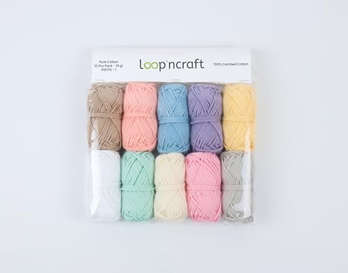 Pure Cotton Set Pastellfarben, Loopncraft, 10 X 10g, Amigurumi Garn, Premium gekämmter Baumwolleset von Loopncraft