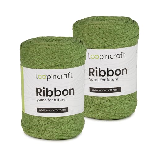 Ribbon 2er-Set, Olivengrün, Loopncraft, 2 X 130m - 250g, geflochtenes Bandgarn, Recycling Garn von Loopncraft