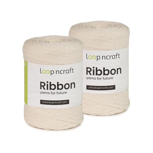 Ribbon 2er-Set, Perlweiß, Loopncraft, 2 X 130m - 250g, geflochtenes Bandgarn, Recycling Garn von Loopncraft