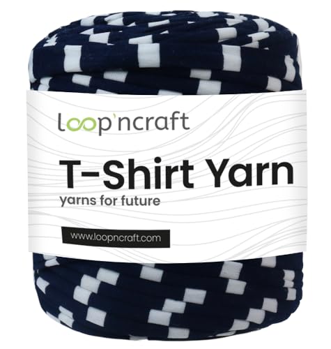 Loopncraft Textilgarn, Marineblau - Weiße Streifen, 750g, T-Shirt Yarn, Recyling Garn von Loopncraft