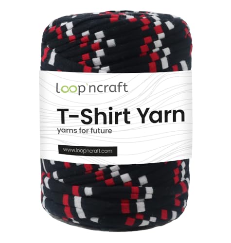 Loopncraft Textilgarn, Rot - Weiße Streifen, 350g, T-Shirt Yarn, Recyling Garn von Loopncraft