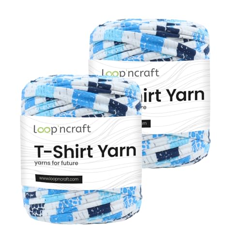 Textilgarn 2er-Set, Blaue Streifen, Loopncraft, 2 X 750g, T-Shirt Yarn, Recyling Garn von Loopncraft