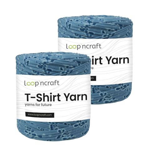 Textilgarn 2er-Set, Jeansblau gemustert, Loopncraft, 2 X 750g, T-Shirt Yarn, Recyling Garn von Loopncraft