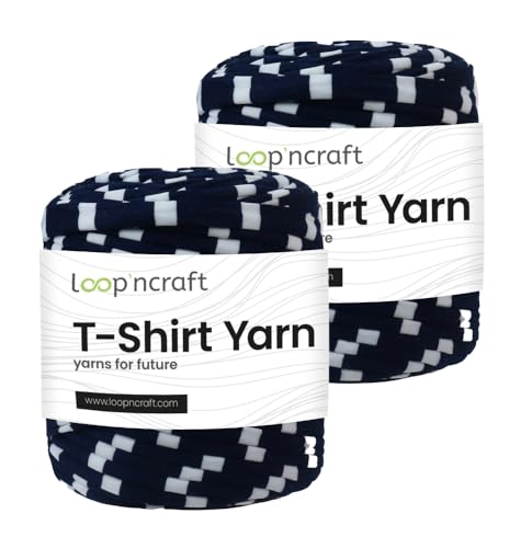 Textilgarn 2er-Set, Marineblau – Weiße Streifen, Loopncraft, 2 X 750g, T-Shirt Yarn, Recyling Garn von Loopncraft