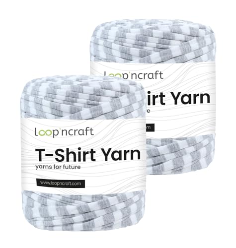 Textilgarn 2er-Set, Weiß-graue Streifen, Loopncraft, 2 X 750g, T-Shirt Yarn, Recyling Garn von Loopncraft