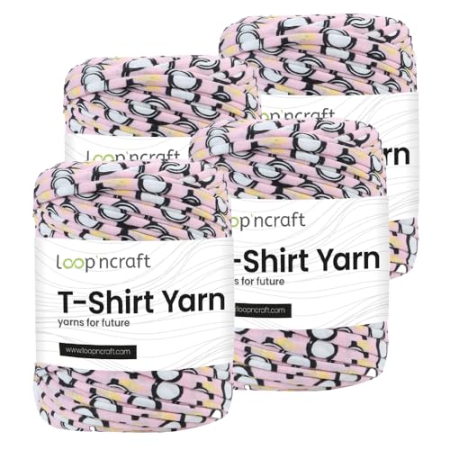 Textilgarn 4er-Set, Weiße Kreise auf Rosa, Loopncraft, 4 X 350g, T-Shirt Yarn, Recyling Garn von Loopncraft