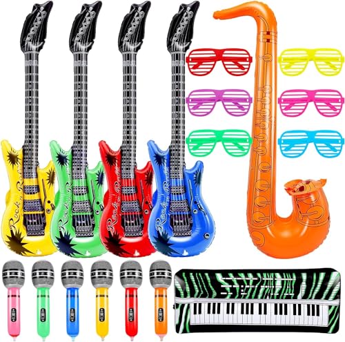 Loppdece 18 Stück Aufblasbare Instrumente, Aufblasbare Party Props, Buntes Luftgitarren zum Aufblasen Mikrofone Saxophon Shutter Shading gläser, Aufblasbare Rock Star Toy Set für Party Rock Party Deko von Loppdece