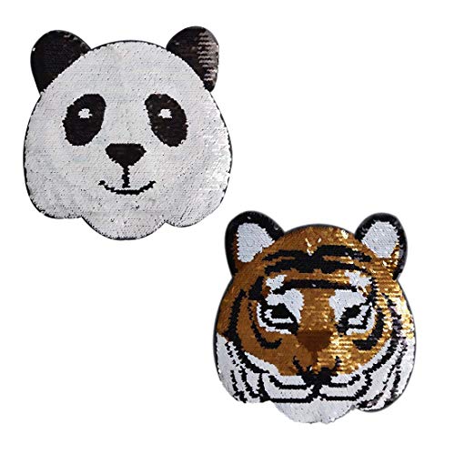 Veränderbare Panda-Tiger Pailletten Applique Patch, verwandelbare Nähen auf Applique Patch zwei Tiermuster Panda-Tiger Kleidung Logo Zubehör für T-Shirt, Rock, Hose, Hut, Kinder kleiden Diy von Lorigun