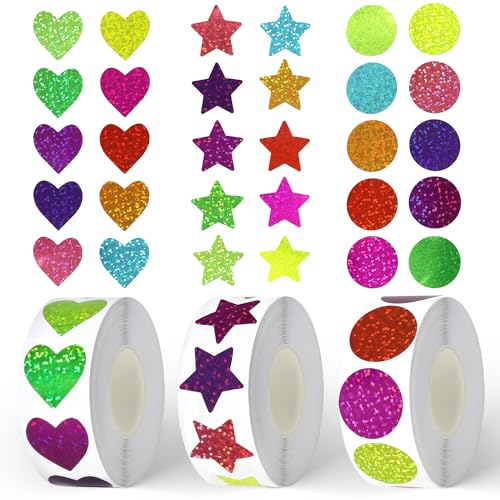 Loscrew 500Pcs Folie Stern Aufkleber und 500Pcs Herz geformte Aufkleber und 500Pcs Glitter Runde Aufkleber, 1 Zoll selbstklebende Folie glänzende bunte Aufkleber für Belohnung Dekoration von Loscrew