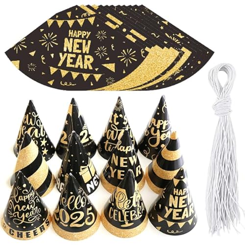 Losuya 12 Stück 2025 Happy New Year Party Hüte Fancy New Year Paper Cone Hüte für 2025 Silvester Party Dekoration Supplies von Losuya