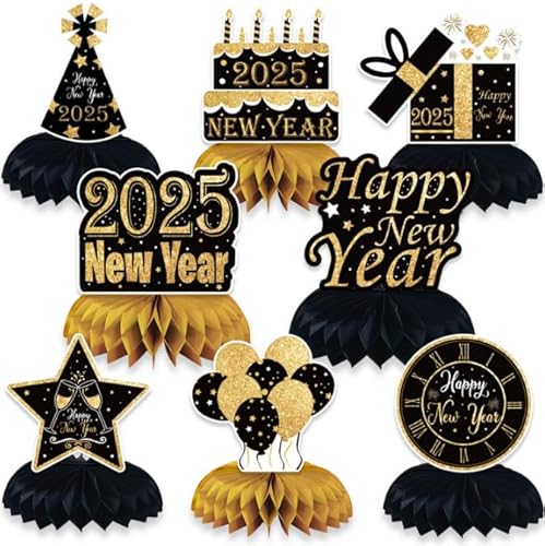 Losuya 8 Stück Silvester Waben Mittelstücke Dekorationen 3D Happy New Year Thema Tischdekoration 2025 Silvester Party Supplies von Losuya