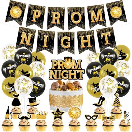 Losuya Abschlussball Nacht Banner Schwarz Gold Abschlussball Nacht Party Ballons Cupcake Toppers Picks für Abschlussball Party Dekorationen von Losuya