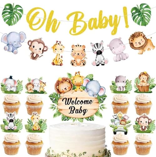 Losuya Banner mit Aufschrift "Oh Baby", Dschungeltiere, Wald, wilde Safari, Wimpelkette, Willkommens-Banner, Baby-Kuchenaufsatz, Cupcake-Topper, Babyparty, Party-Dekorationen von Losuya