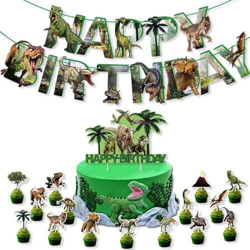 Losuya Dinosaurier Happy Birthday Banner Dinosaurier Cupcake Toppers für Kinder Dinosaurier Geburtstag Bunting Dekorationen Party Supplies von Losuya