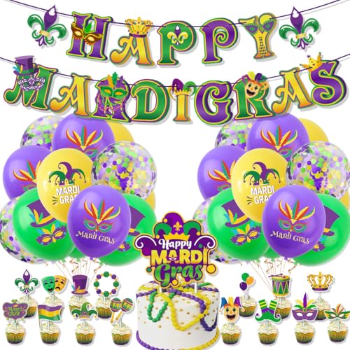 Losuya Mardi Gras Banner Girlande Lila Grün Gold Latex Ballons Cupcake Topper für Karneval Party Dekorationen von Losuya