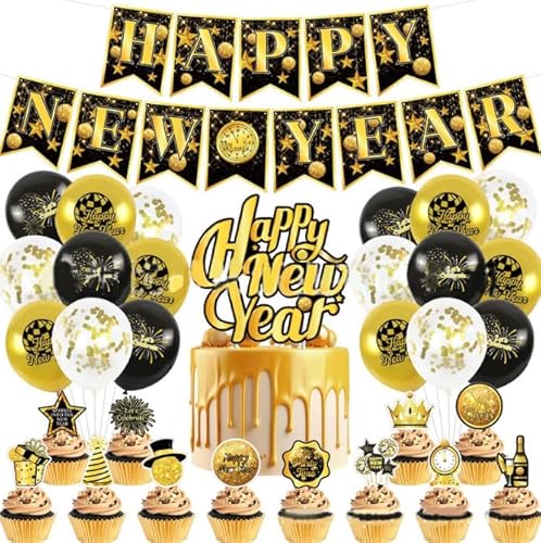 Losuya Schwarz Gold Happy New Year Dekorationen 2025 Happy New Year Banner Luftballons Silvester Party Cupcake Topper für Zuhause Urlaub Party Dekor von Losuya