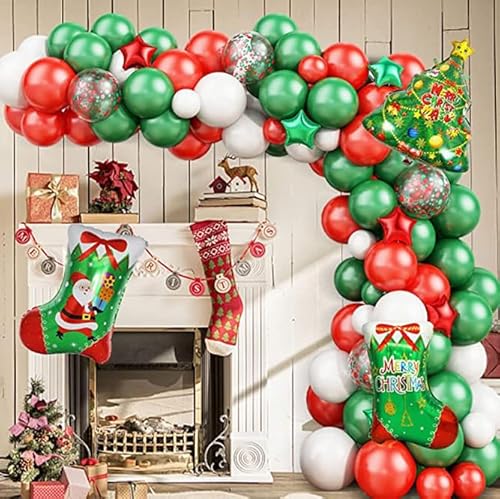 Losuya Weihnachtsballon Girlande Bogen Kit 96pcs Rot Grün Weiß Latex Ballons mit Weihnachtsbaum Socken Folienballon für Weihnachten Neujahr Dekorationen von Losuya