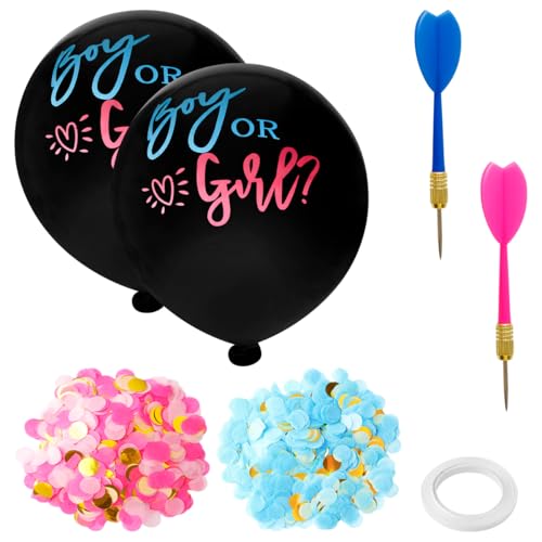 Lotsdonxia 7 Stück Geschlecht Enthüllung Ballon Party Set - Schwarzer Ballon mit Rosa und Blau Konfetti für Babyparty Feiern und Familientreffen von Lotsdonxia