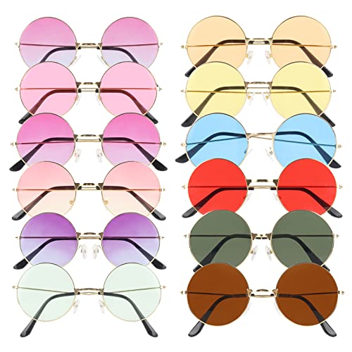 Lotvic 12 Paar Hippie Brille, Retro Sonnenbrille, Partybrille, Runde Hippie Stil Kreis Farbige Brille, Runde Hippie Sonnenbrille, für 60er 70er Jahre Party, Hippie Kostüm Brille Herren Damen Brille von Lotvic