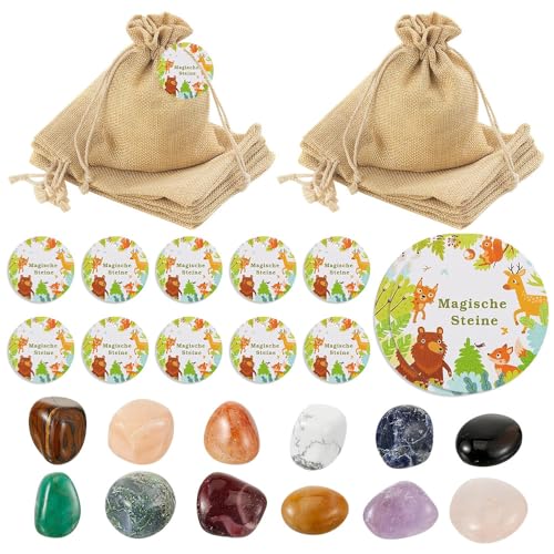 Lotvic 12 Stück Glückssteine für Kinder, Magische Steine, Glücksbringer Steine mit Jutesäckchen, Party Mitgebsel für Kindergeburtstag, Runde Hängeetiketten, Party Einschulung Gastgeschenk Souvenir von Lotvic