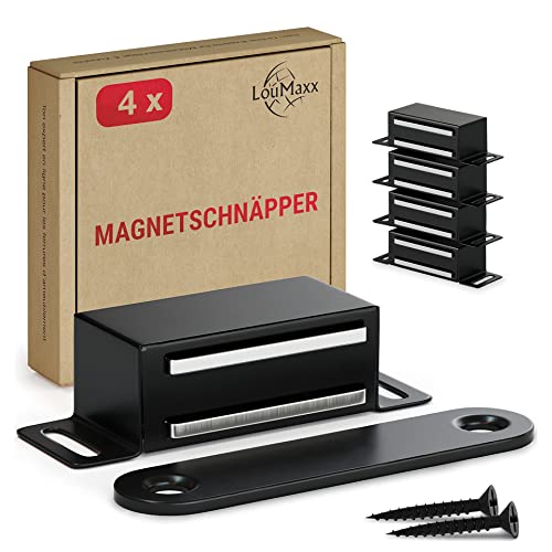 LouMaxx Magnetschnäpper stark - Haltekraft 6kg - 4er Set in Schwarz Edelstahl – Türmagnet - Schrankmagnet – Möbelmagnete – Tuer Magnetverschluss Edelstahl– Magnethalter Schranktür für sicheren Halt von LouMaxx