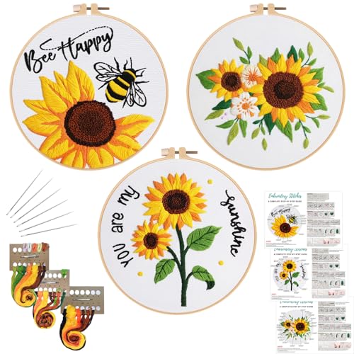 Louise Maelys 3 Sets Sonnenblumen-Stickset für Anfänger, Kreuzstich-Set für Erwachsene mit Sommerblumen, Bienen-Prägung, Anfänger, Nadelspitze mit Stickanleitung (evtl. nicht in deutscher Sprache) von Louise Maelys