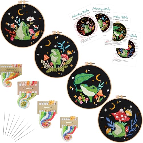 Louise Maelys 4-teiliges Set Frosch-Sticksets für Anfänger, Kreuzstich-Set für Erwachsene, Anfänger, DIY-Nadelspitze, inklusive Sticktuch mit Kunst-Pilz-Muster und Anleitung (evtl. nicht in deutscher von Louise Maelys