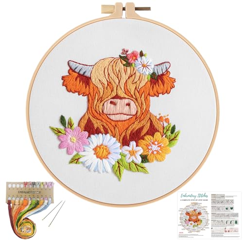 Louise Maelys Highland Cow Stickset für Anfänger, Kreuzstich-Sets für Erwachsene, DIY-Nadelspitzen-Sets für Anfänger, inklusive Sticktuch-Reifennadeln, Anleitung und Fäden von Louise Maelys