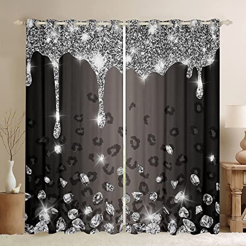 Glitzer Diamant Leopard Blickdichte Vorhänge Jungs Mädchen Tief Grau Silber Glänzend Tiere Fenstervorhang 245x140cm für Kinder Frauen Männer Luxus Bunt Bling Vorhänge Zimmer Dekor von Loussiesd