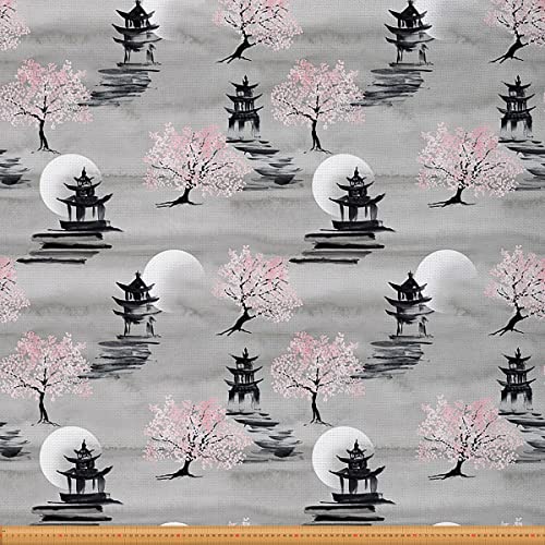 Loussiesd Japanischer Stoff Meterware exotischer Kirschblüten Möbelstoff für Stühle orientalischer Pagode Sakura Dekorationsstoff für Polster und Heimwerkerprojekte 460x150cm Rosa Grau von Loussiesd