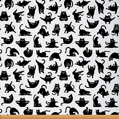 Katzen-Outdoor-Stoff von The Yard, niedlicher Yoga-Katzen-Polsterstoff für Stühle, Cartoon, lustiges Kätzchen, schwarze Katzen, dekorativer Stoff für Heimwerker-Projekte, 92 x 150 cm, Schwarz / Weiß von Loussiesd