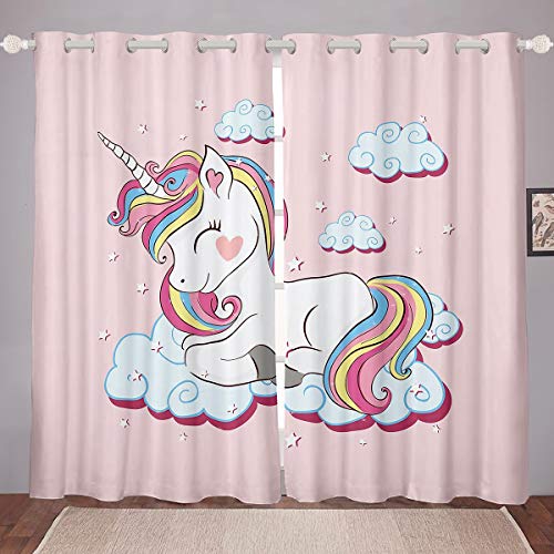 Kinder Fenstervorhang 183x117cm Einhorn Blickdichte Vorhänge Dekor Rosa Karikatur Einhorn Regenbogen Wolken drucken Vorhang Blickdicht Vorhänge Dekor für herrliche Süß Tiere Dekorativ 2er Set von Loussiesd