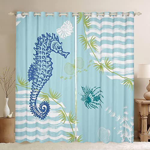 Kinder Seepferdchen Fenstervorhang 260x140cm Ozean Tier Wasserpflanzen Blickdichte Vorhänge Jungen Mädchen Hippocampus Blau Vorhänge Niedlich Wassertier Meeresbewohner Schlafzimmer Kollektion von Loussiesd