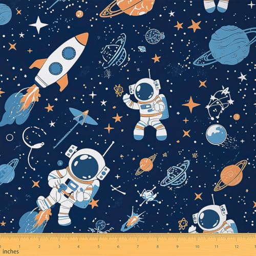 Loussiesd Astronaut Stoff 276x150cm Kinder Weltraum Stoff Meterware Sonnensystem Galaxie Weltraum Rakete 3D gedruckt Raum Patchwork Stoffe Blau Polsterstoff Zimmer Dekor von Loussiesd