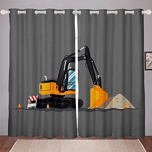 Loussiesd Bagger Vorhänge Kissenbezug Jungen Nette Fahrzeuge LKW Auto Fenstervorhang 137x117cm Kinder Karikatur Maschinen Autos Blickdichte Vorhänge Kinderzimmer Dekor Baustelle von Loussiesd