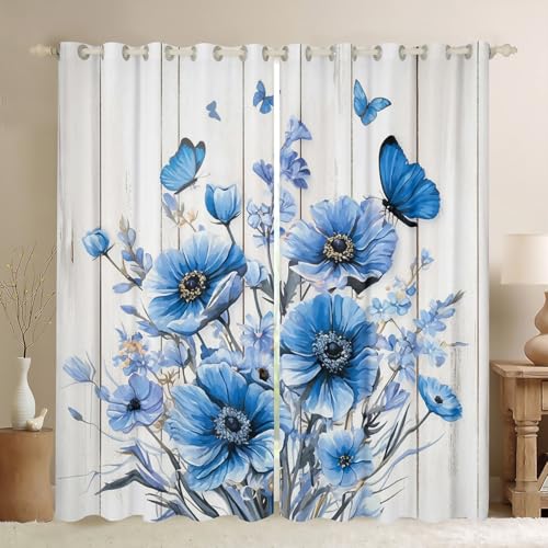 Loussiesd Blaue Blume Vorhänge 260x140cm Vintage Blume Blühende Fenstervorhang Pflanzenmuster Aquarell Blumendruck Blickdichte Vorhänge Weiß für Kinder Mädchen Junge Gardinen Raumdekoration von Loussiesd