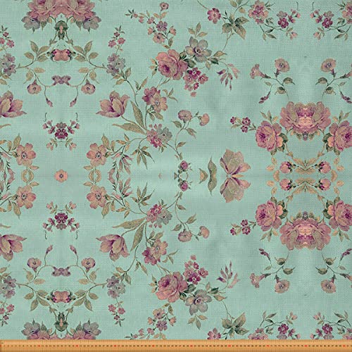 Loussiesd Blumenstoff Meterware Vintage Blumen Möbelstoff für Stühle und Heimwerkerprojekte Rosen dekorativer wasserdichter Stoff 92x150cm Aquamarin Rosa von Loussiesd