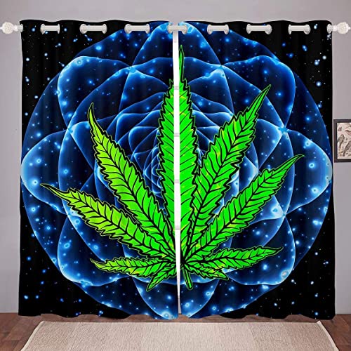 Loussiesd Cannabis Blätter Fenstervorhang 260x140cm Galaxis Mandala Marihuana Blickdichte Vorhänge für Kinder Jungen Mädchen Universum Galaxis Hanf Marihuana Weed Vorhänge Grün Blau von Loussiesd