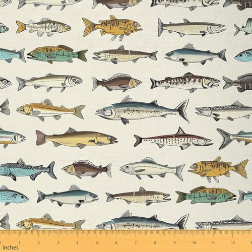 Loussiesd Fisch Stoff Meterware 92x150cm Fischen und Jagen Patchwork Stoffe für Stühle, Vintage Wasserdichter Outdoor Polsterstoff von Loussiesd