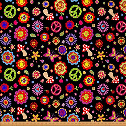 Frieden Kunst Möbelstoff Meterware Hippie Pilz Blumen Outdoor Stoff Meterware Bunte Blume Schmetterling Dekorationsstoff für Polster und Heimwerkerprojekte 92x160cm Schwarz Rot von Loussiesd