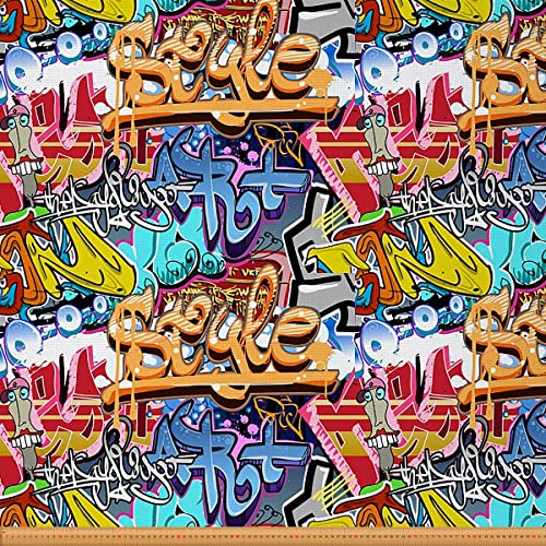 Loussiesd Hip Hop Stoff von The Yard Hippie Street Culture Graffiti Polsterstoff für Stühle Bunte Grunge Kunst Dekorativ Wasserdicht Draussen Stoff Orange Blue 460x150cm von Loussiesd