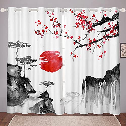 Loussiesd Japanische Ukiyoe Fenstervorhang 137x117cm Kirschblüten Rote Sonne Blickdichte Vorhänge für Kinder Jungen Mädchen Tinte JapaniSchön Stil Vorhänge Exotischer Stil Dekor von Loussiesd